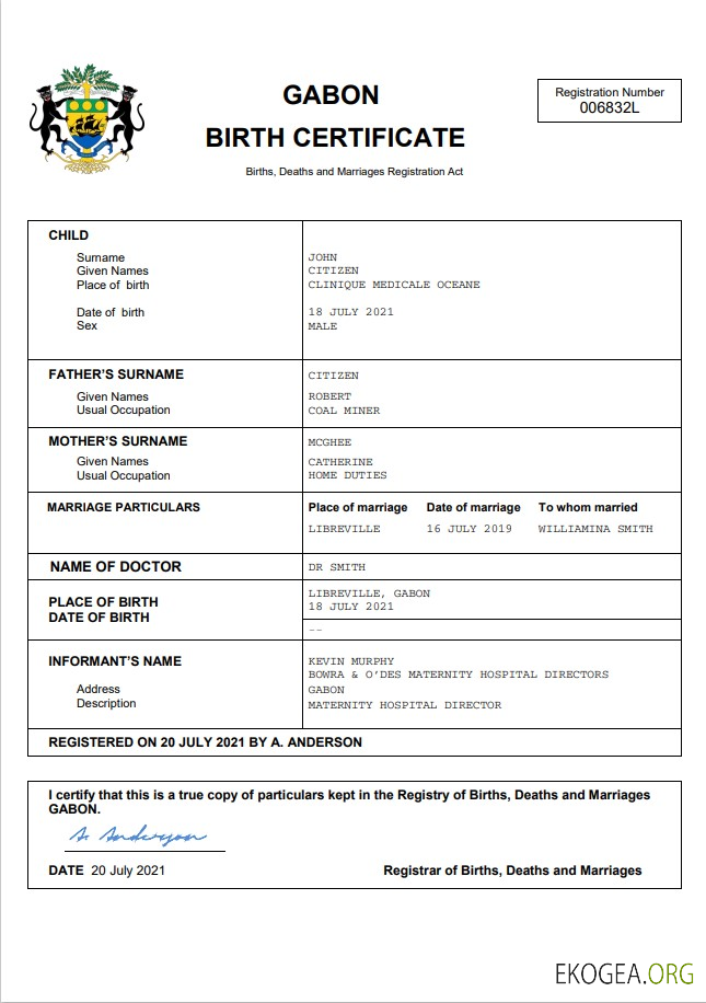 Acte d'état civil du Gabon, modèle Word et PDF